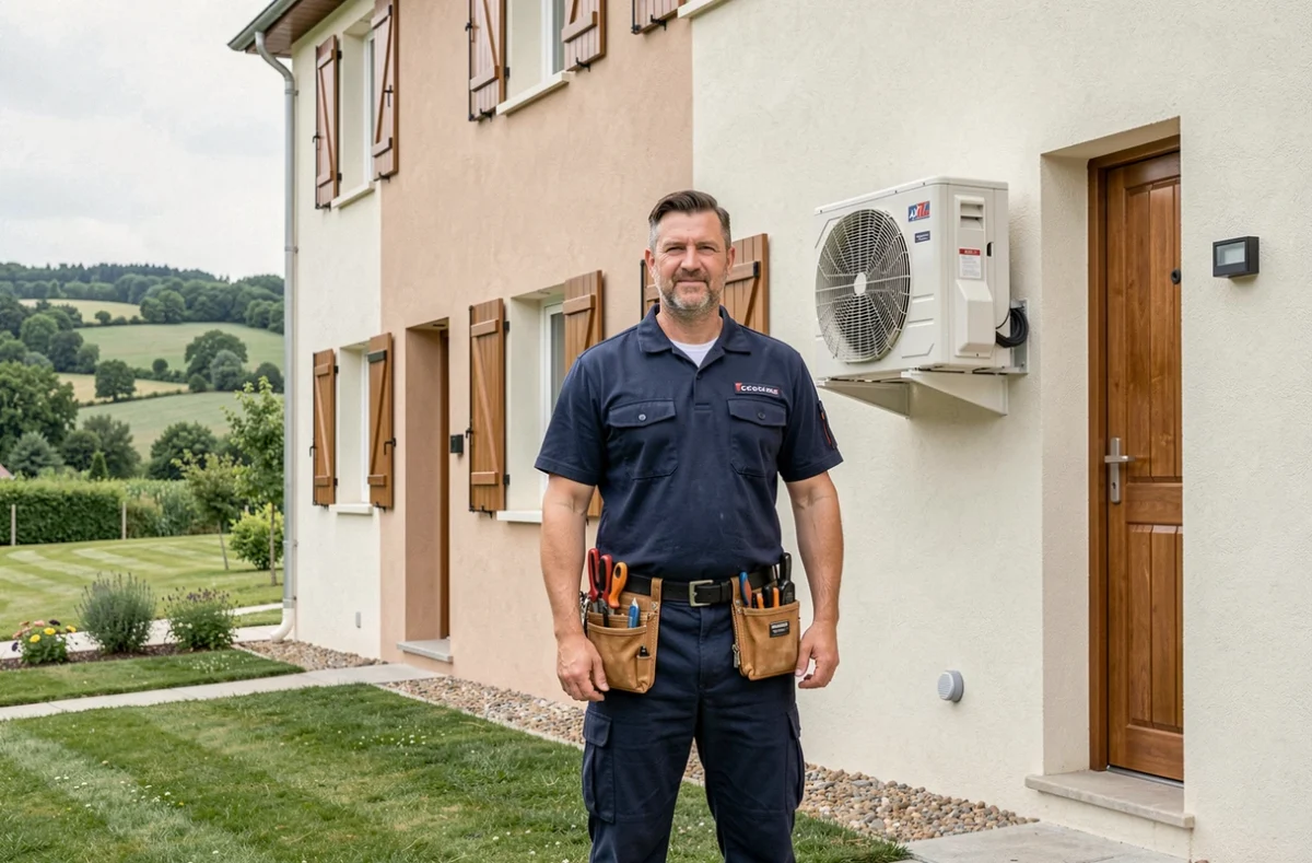 Technicien en climatisation en Centre-Val de Loire devant une maison avec unité extérieure installée