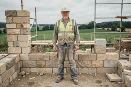 Maçon professionnel sur un chantier de construction en Seine-et-Marne avec mur en pierres calcaires et campagne française en arrière-plan
