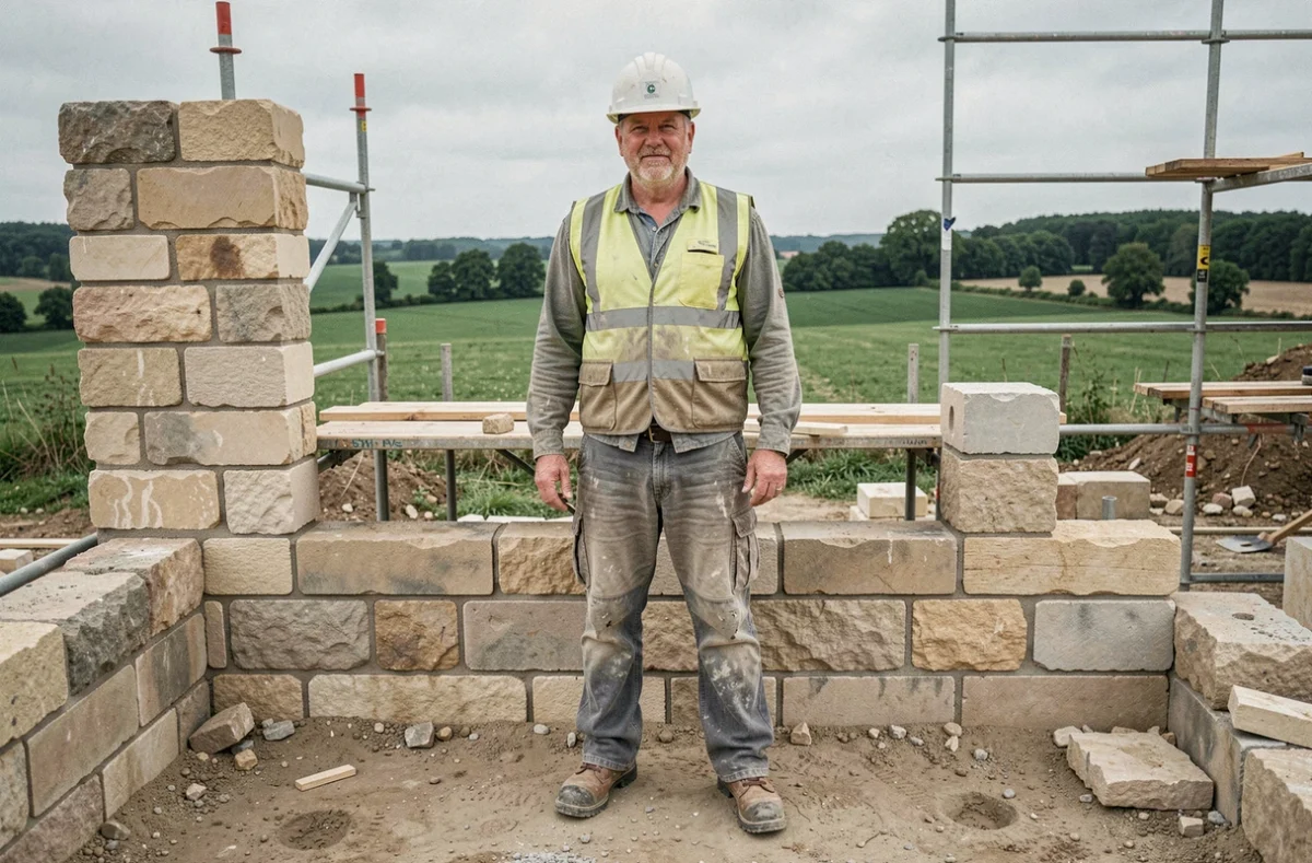 Maçon professionnel sur un chantier de construction en Seine-et-Marne avec mur en pierres calcaires et campagne française en arrière-plan
