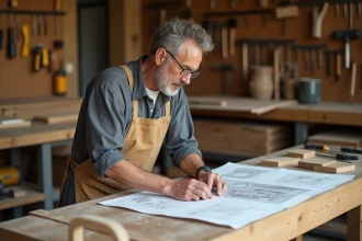Menuisier professionnel examinant des plans d'aménagement sur établi en bois dans un atelier artisanal