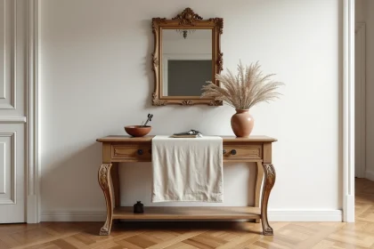 Meuble ancien en bois dans une entrée de style classique avec miroir et parquet en point de Hongrie