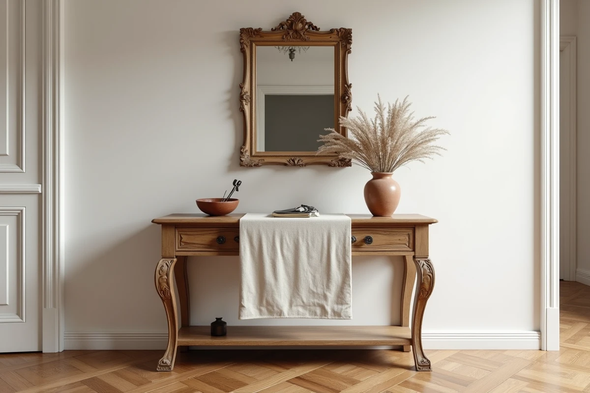 Meuble ancien en bois dans une entrée de style classique avec miroir et parquet en point de Hongrie