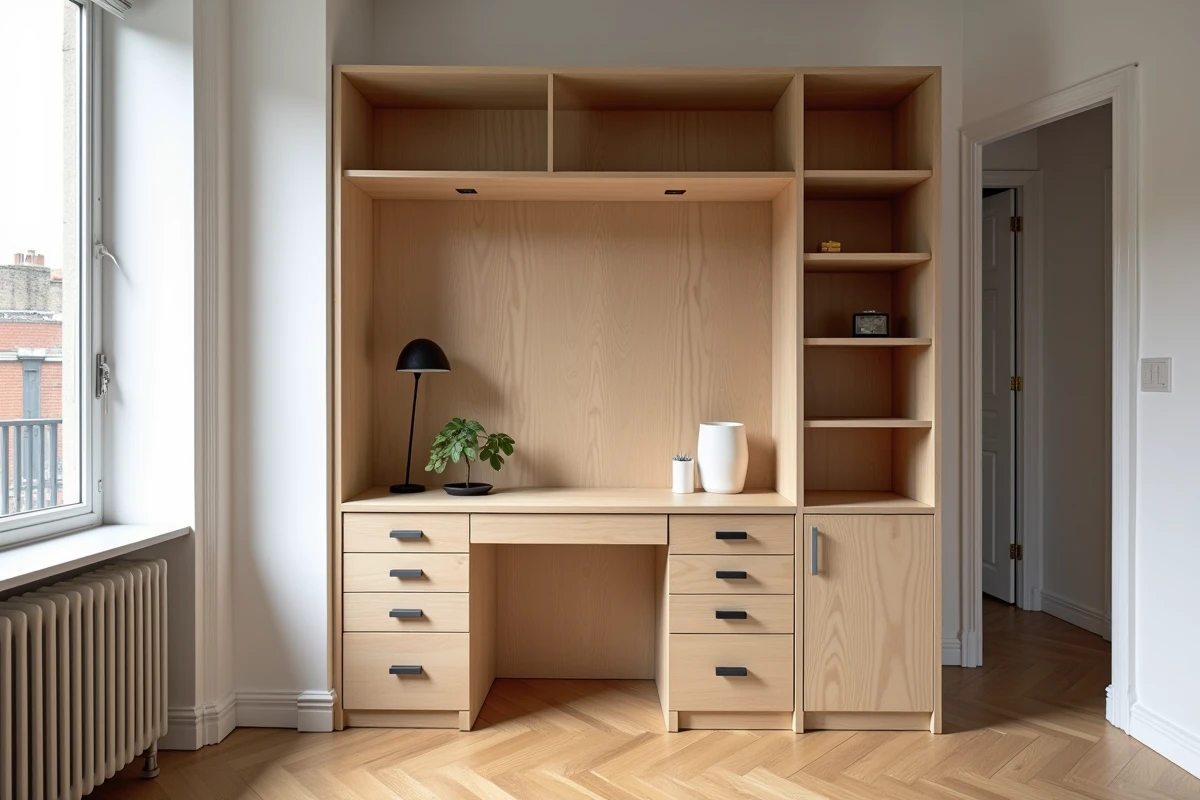 Meuble sur mesure en bois clair optimisant un petit appartement parisien avec bureau intégré et rangements