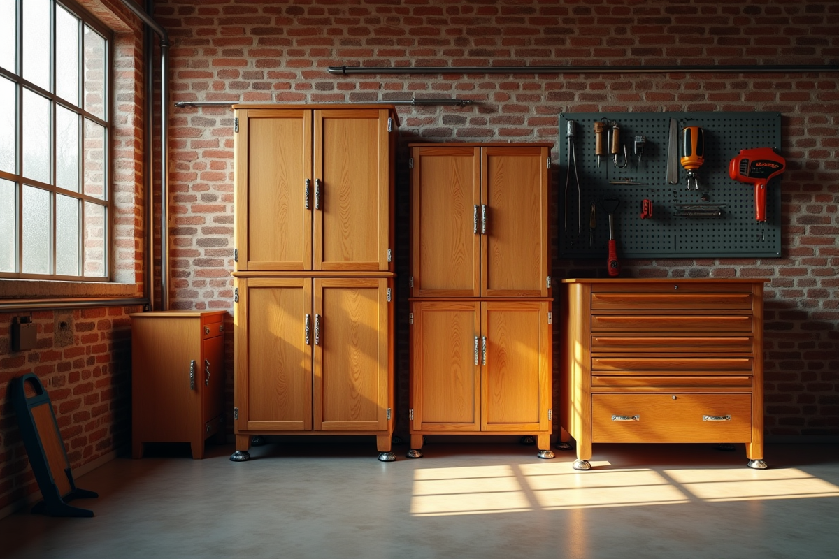 Meubles en bois vintage contre un mur de briques dans un garage lumineux