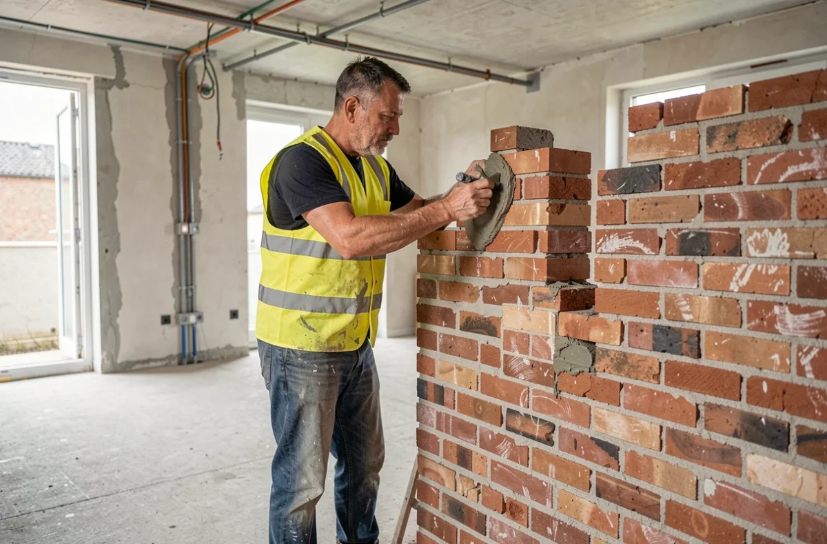 Maçon de M.G Bat construisant une cloison en briques rouges dans une maison en rénovation à Vert-Saint-Denis avec murs bruts apparents