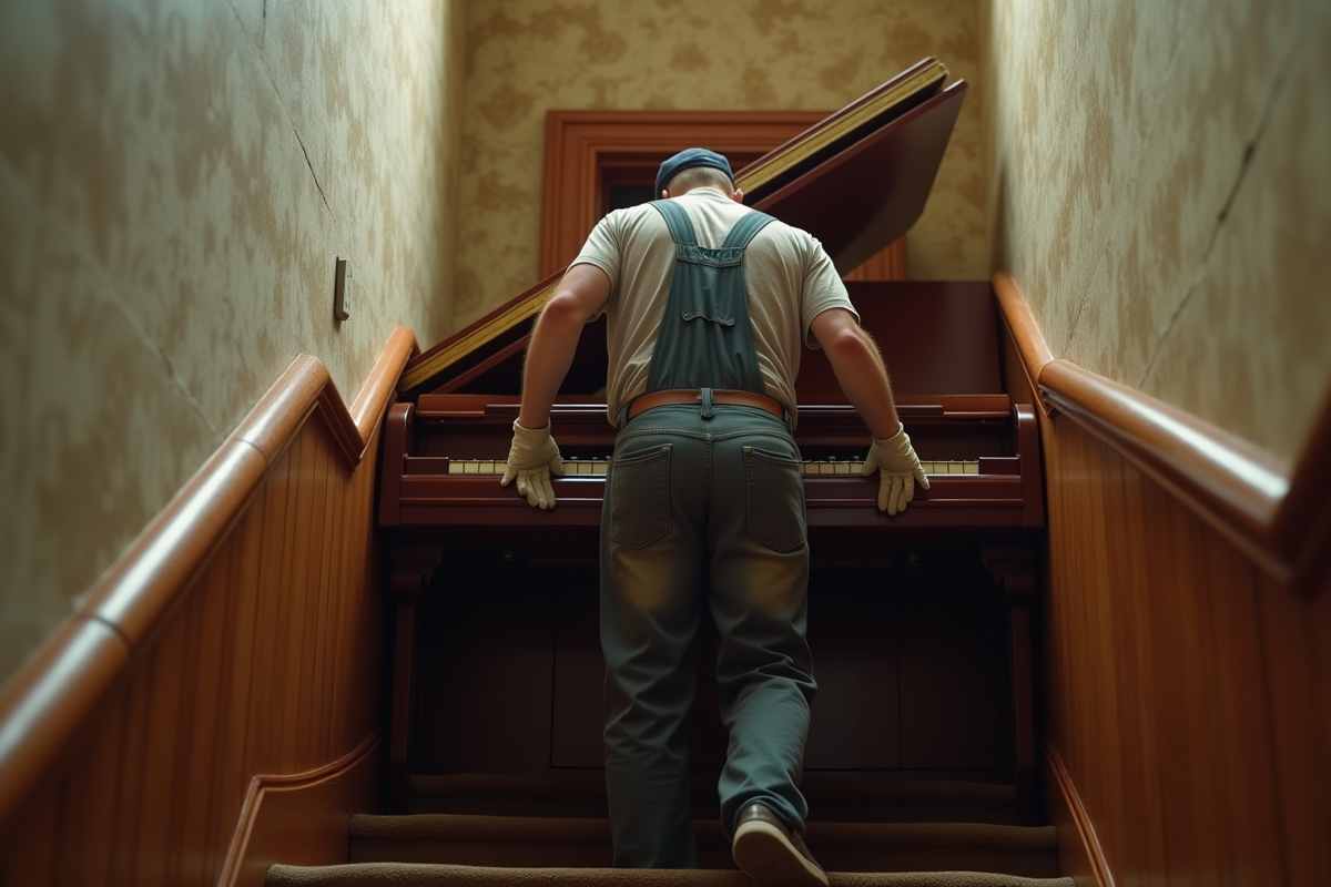 Homme en vêtements de travail déplaçant un piano droit dans un escalier ancien