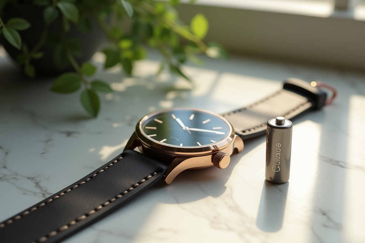 Montre Cluse ouverte avec une nouvelle pile sur une surface en marbre