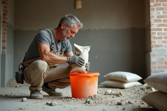 Ouvrier versant du mortier dosé prêt à l'emploi en sac sur un chantier de rénovation intérieure