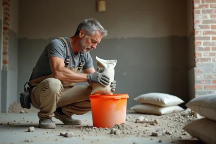 Ouvrier versant du mortier dosé prêt à l'emploi en sac sur un chantier de rénovation intérieure