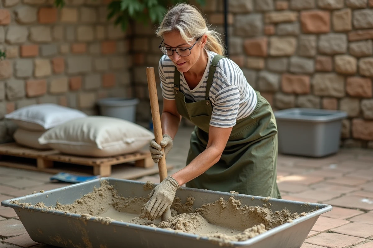 Femme mélangeant du mortier fait maison dans une auge métallique lors de travaux de rénovation extérieure