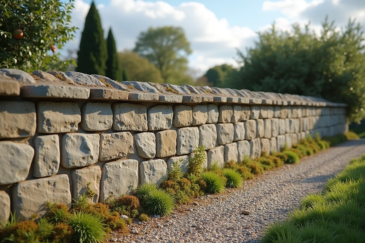 Mur en pierre en moellon achevé avec canal de drainage en gravier et tuyau perforé visible à sa base dans un jardin rural
