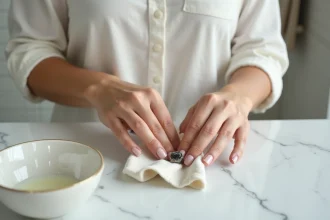 Femme nettoyant une bague en argent noircie avec un chiffon doux sur un plan de travail en marbre blanc