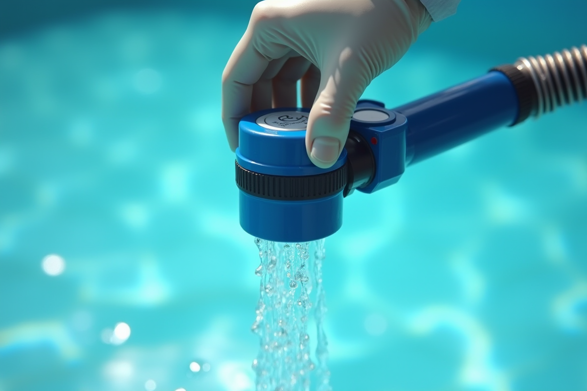 Zoom sur une cellule de chlorinateur de piscine en nettoyage avec eau claire