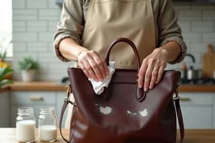 Femme nettoyant un sac en cuir moisi avec du vinaigre blanc sur une table en bois