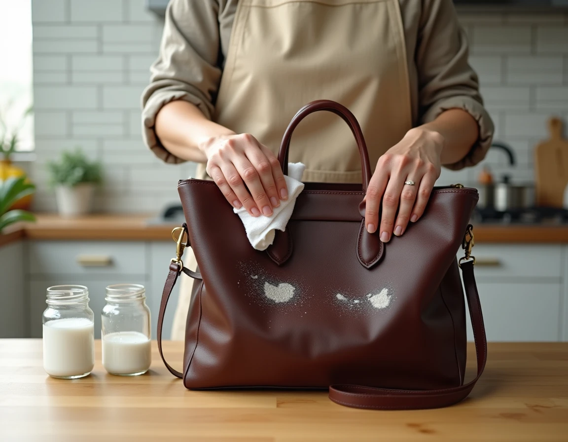 Femme nettoyant un sac en cuir moisi avec du vinaigre blanc sur une table en bois