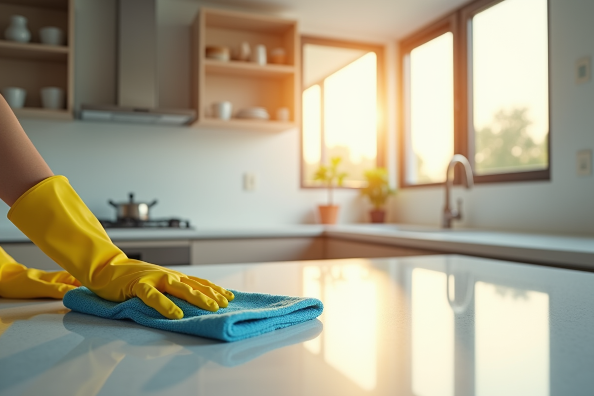 Personne nettoyant la cuisine lumineuse et moderne