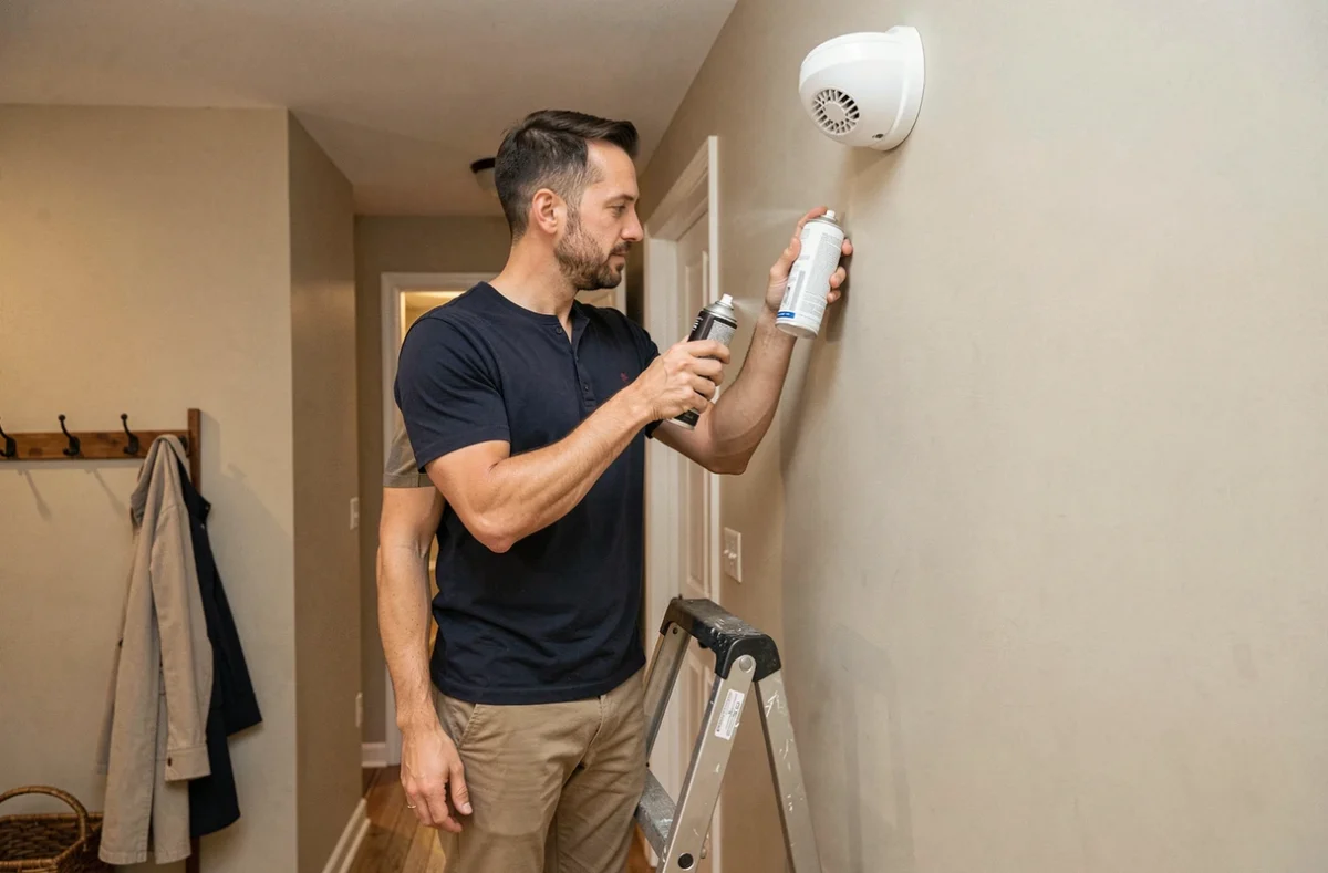 Homme nettoyant un détecteur de fumée avec de l'air comprimé dans un couloir de maison