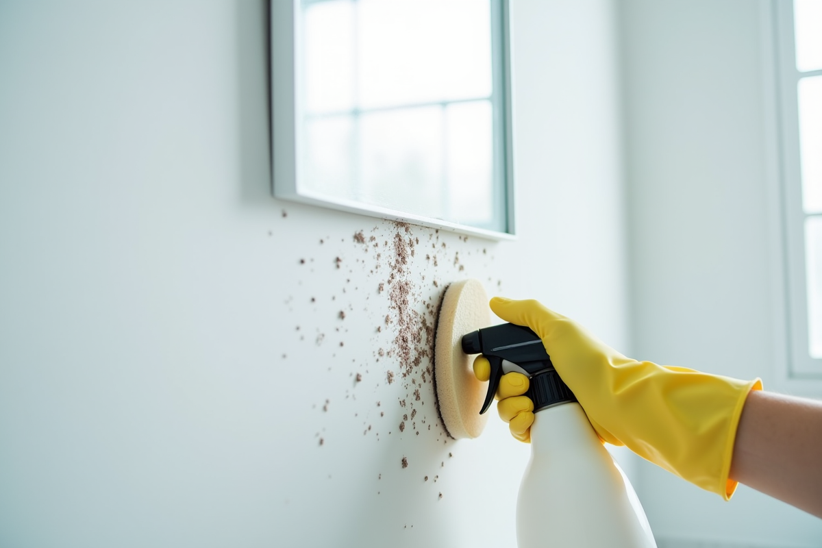 Main gantée nettoyant la moisissure avec éponge dans salle de bain