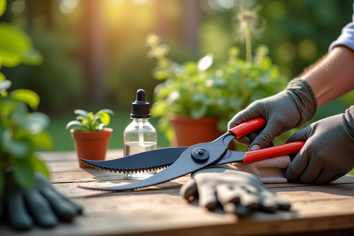 Personne nettoyant des sécateurs de jardin en plein air