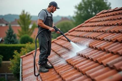 Homme professionnel nettoyant un toit en terre cuite avec un jet d'eau