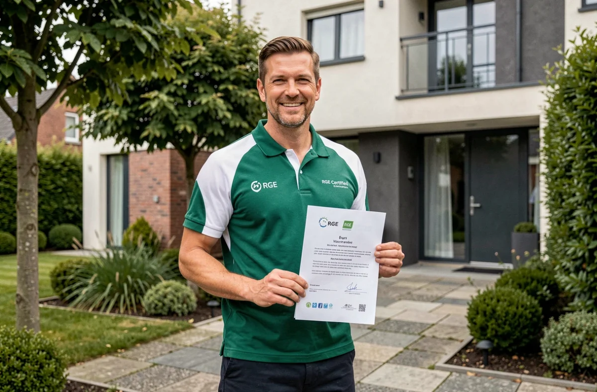 Technicien RGE Oriven tenant un certificat devant une maison à Tours pour l'installation de climatisation