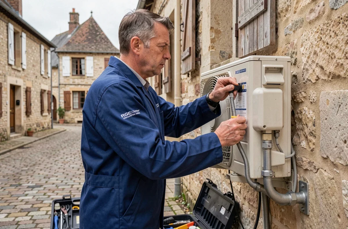 Climaticien RGE Oriven Blois raccordant les tuyaux d'un climatiseur sur une maison en pierre à Blois en Loir-et-Cher