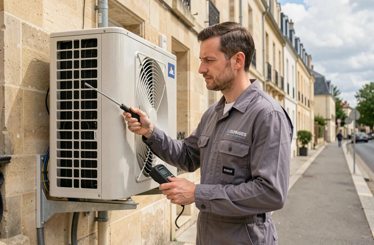 Installateur Oriven Bourges inspectant une unité extérieure de climatisation sur un immeuble résidentiel dans le Cher