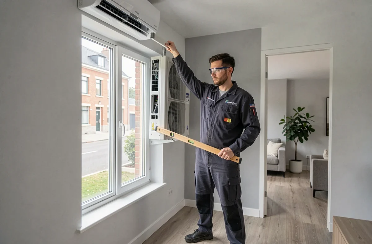 Artisan Oriven Orléans vérifiant l'alignement d'une unité intérieure de climatisation installée dans une maison du Loiret