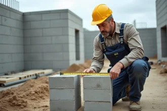 Ouvrier en travaux avec blocs de béton sur site