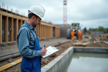 Ouvrier en overalls bleus v&eacute;rifiant un plan sur un site de b&eacute;ton