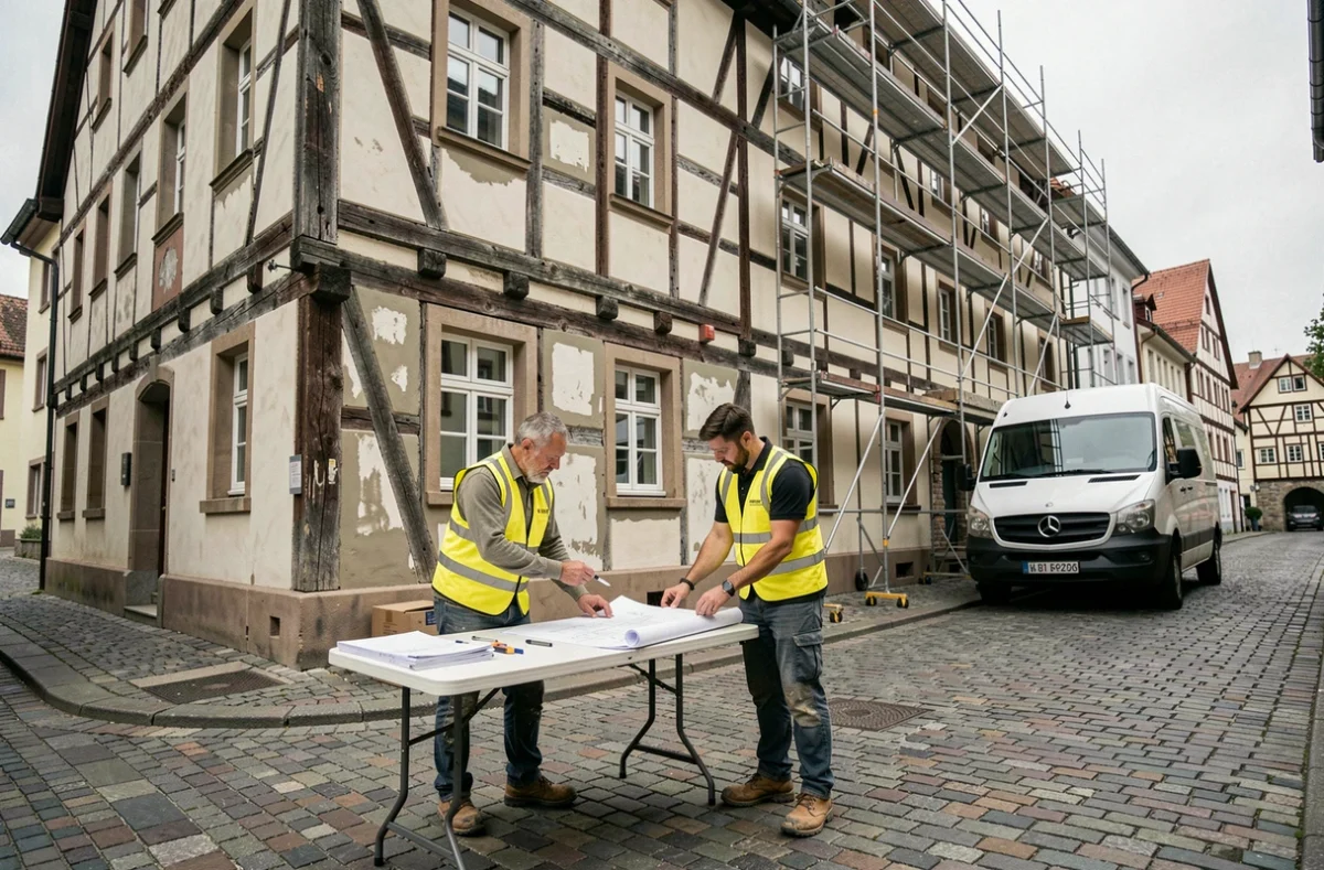 Deux ouvriers examinant des plans de rénovation devant une maison à colombages alsacienne à Strasbourg