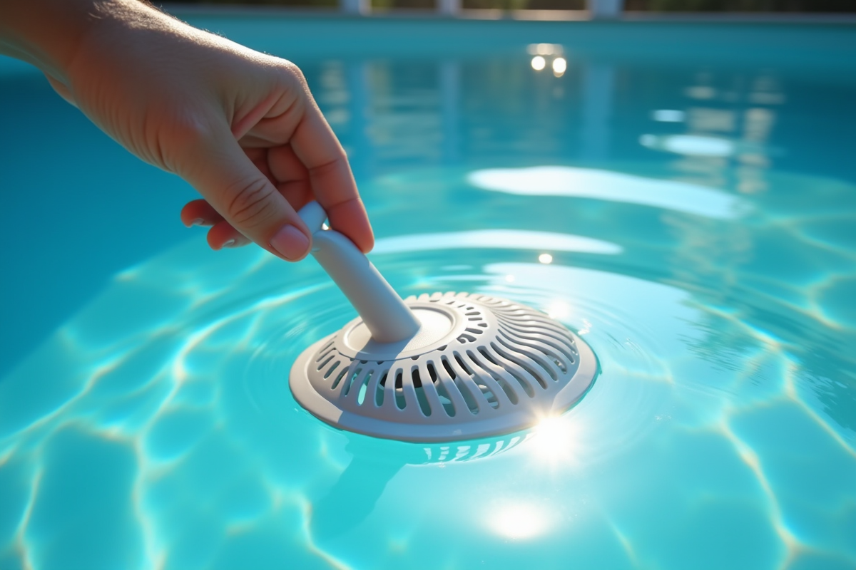 Main vérifiant le panier du skimmer avec eau bleue brillante