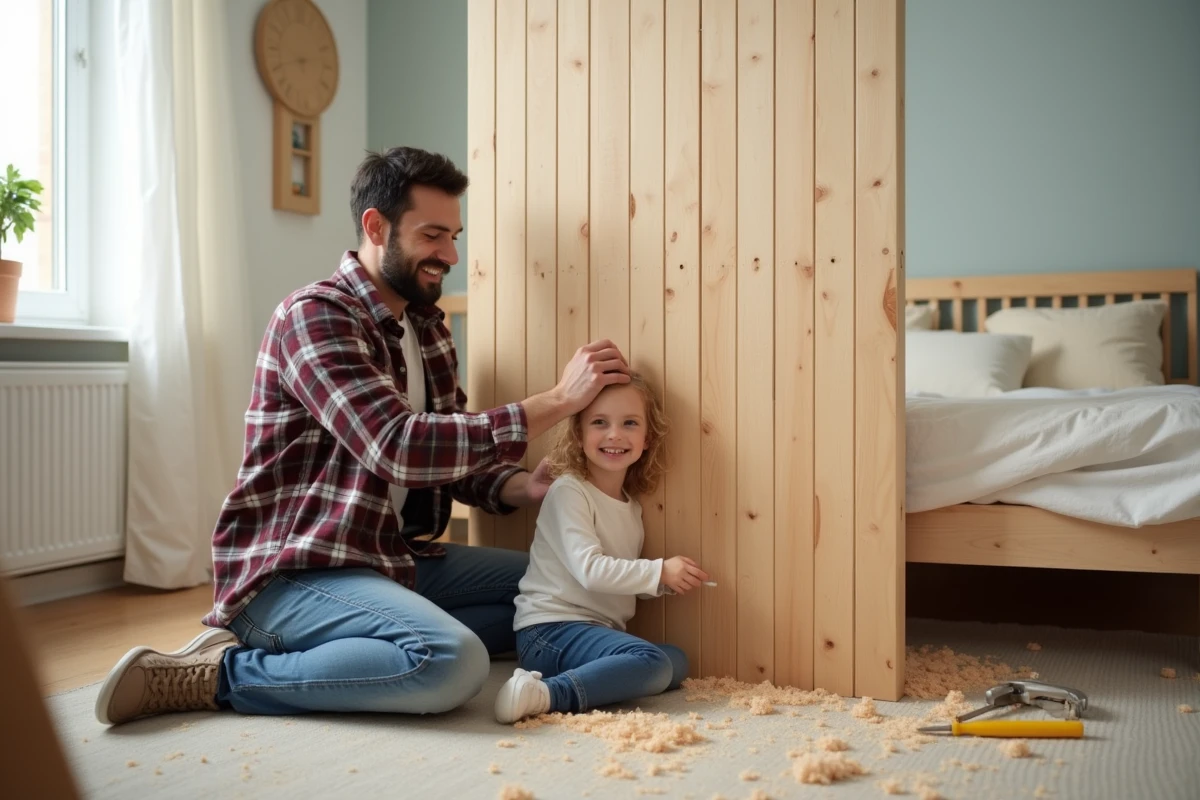 P&egrave;re et fille assemblant un mur en bois dans une chambre