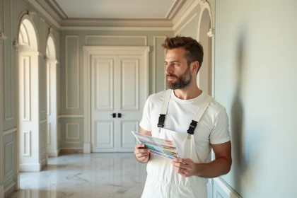 Peintre professionnel examine un mur int&eacute;rieur de luxe