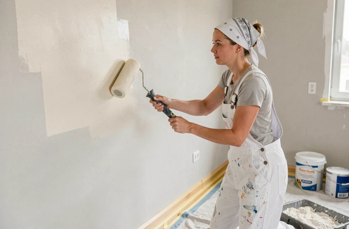 Peintre professionnelle de Peinturio appliquant de la peinture blanche sur un mur intérieur rénové dans les Vosges