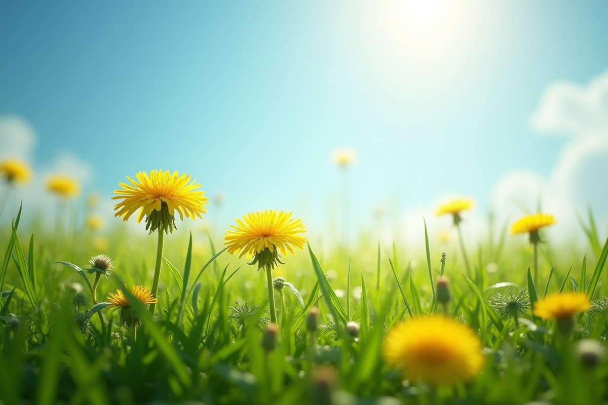 Pelouse verte avec marguerites jaunes sous un ciel bleu