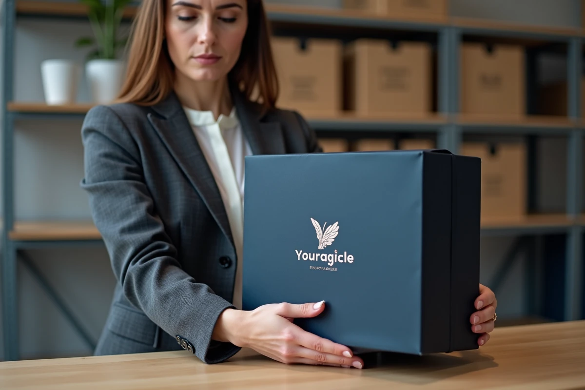 Femme professionnelle personnalisant une boîte cadeau vide rigide bleu marine avec logo argenté en entreprise