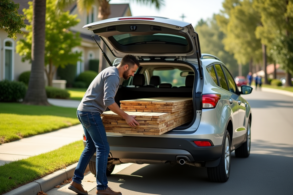 Personne chargeant des planches en bois recyclé dans une voiture ensoleillée