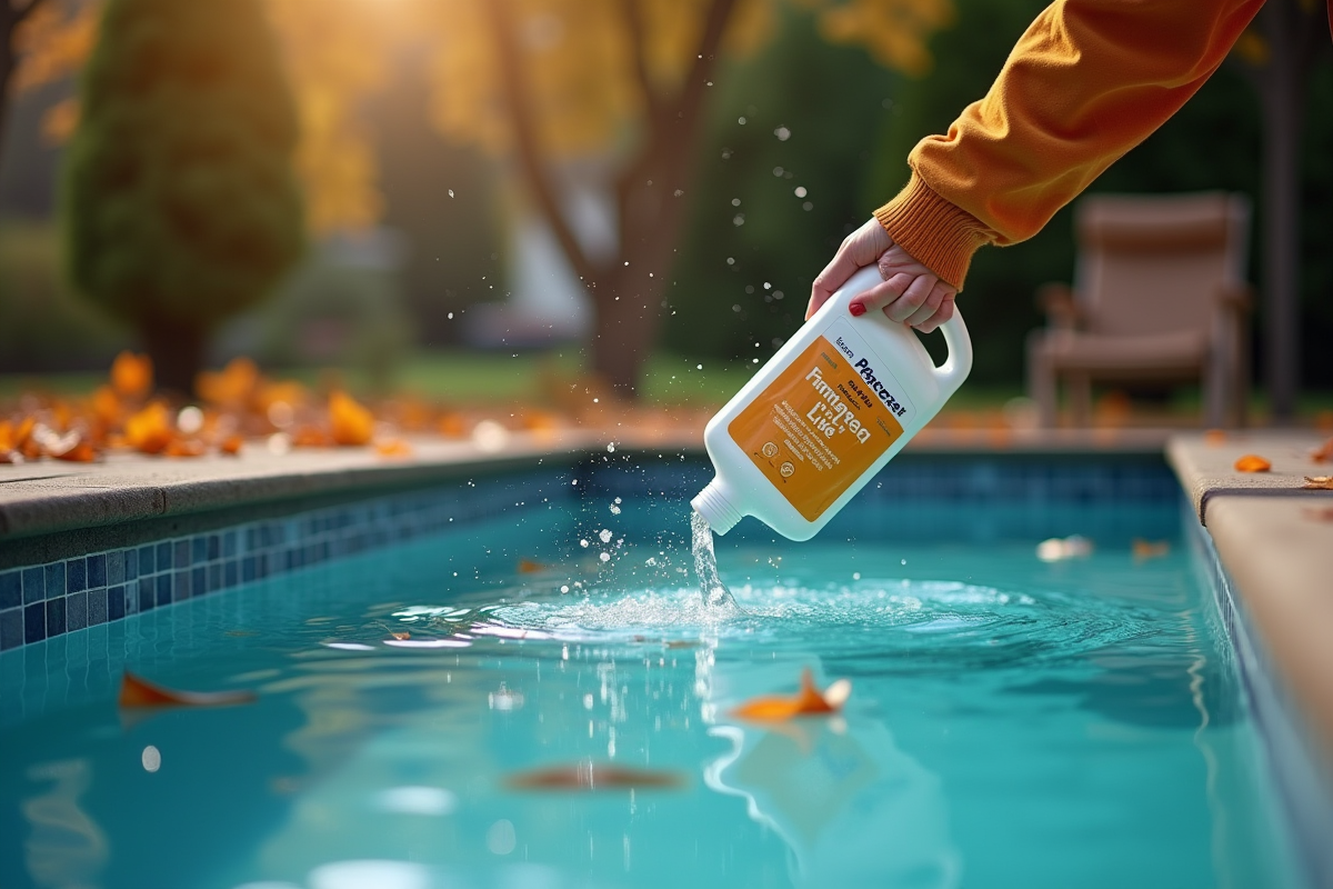 Personne verse liquide d'hivernage dans une piscine automnale