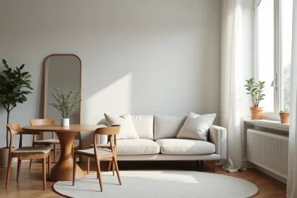 Petit salon et salle à manger combinés dans un appartement parisien avec miroir mural et rideaux blancs pour agrandir visuellement l'espace