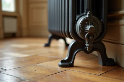 Pied de radiateur en fonte à motifs décoratifs posé sur un parquet en chêne dans un appartement haussmannien rénové