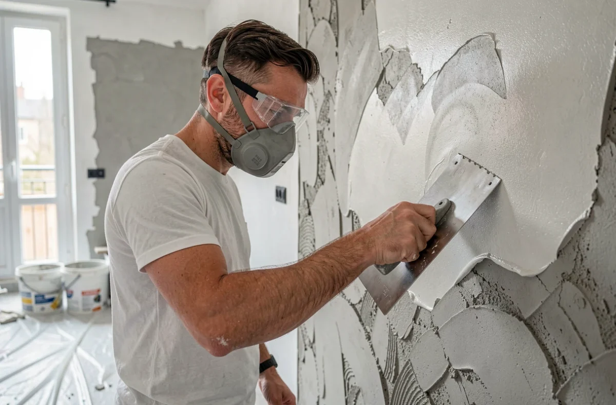 Spécialiste de Pirabat Rénovation lissant un enduit plâtre sur un mur intérieur avec une grande taloche en acier inoxydable