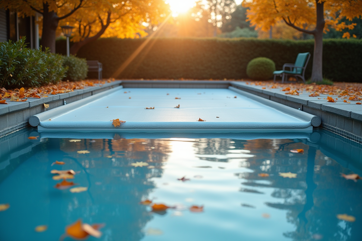 Piscine moderne couverte avec feuilles d'automne reflet matin