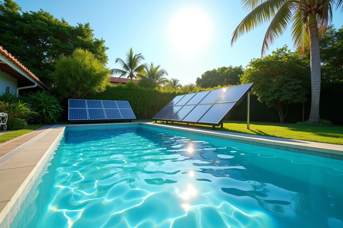 Piscine extérieure avec panneaux solaires et jardin en été