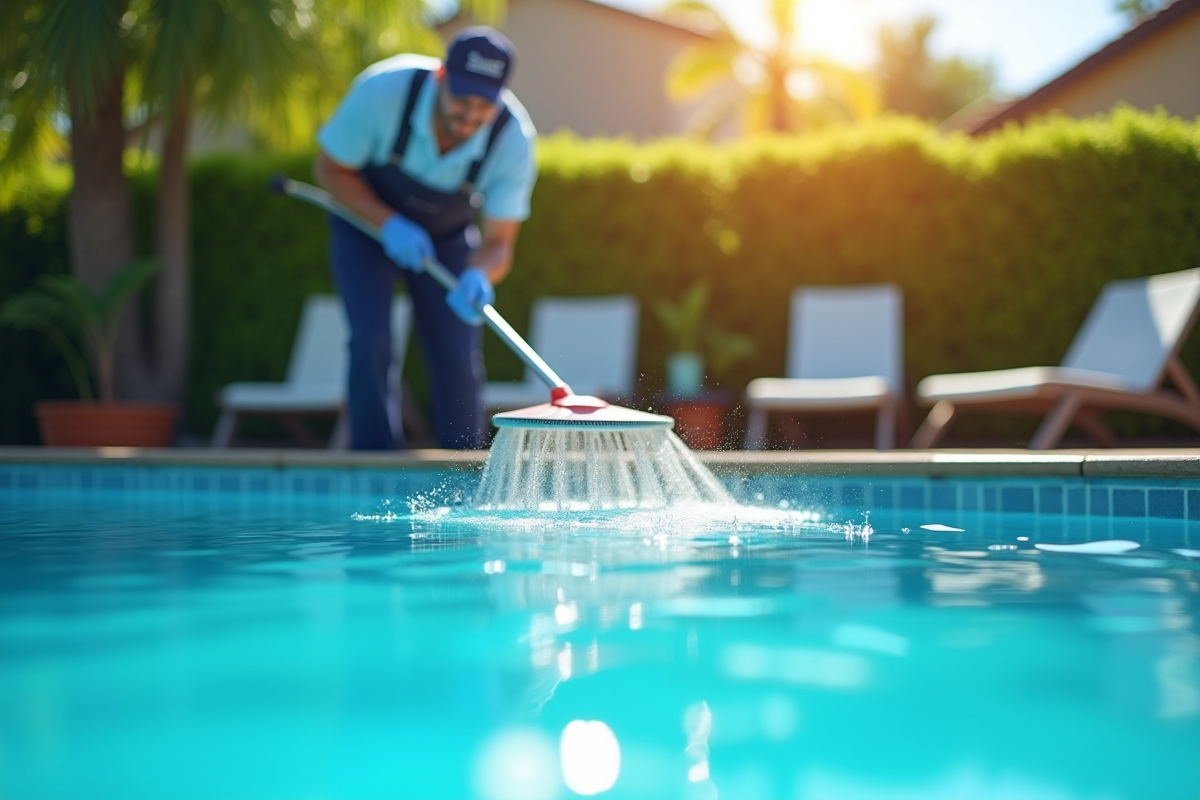 Piscine extérieure brillante entretenue par un professionnel en uniforme