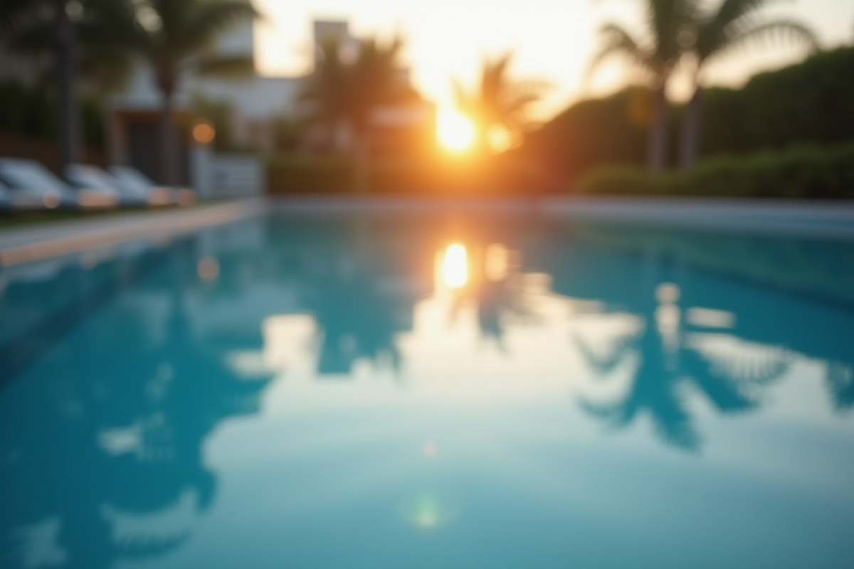Piscine extérieure au lever du soleil avec reflet et panneau de filtration