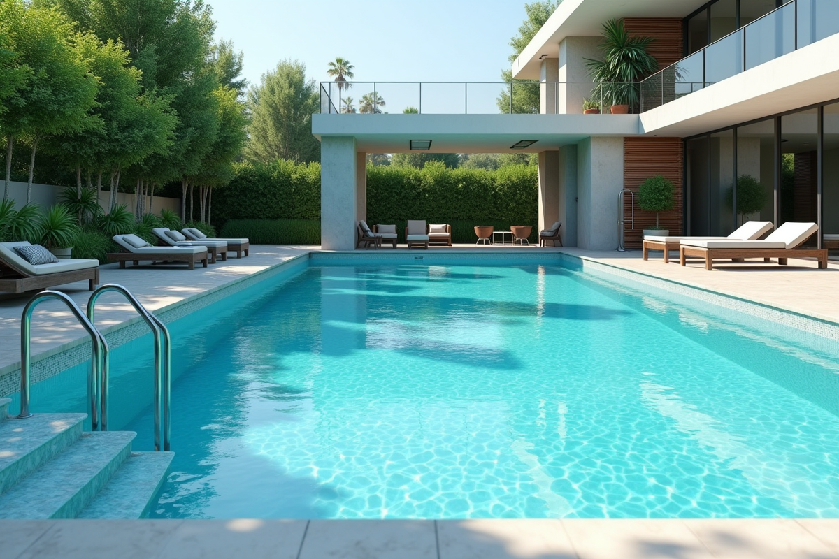 Piscine extérieure moderne avec eau turquoise et mains courantes inox