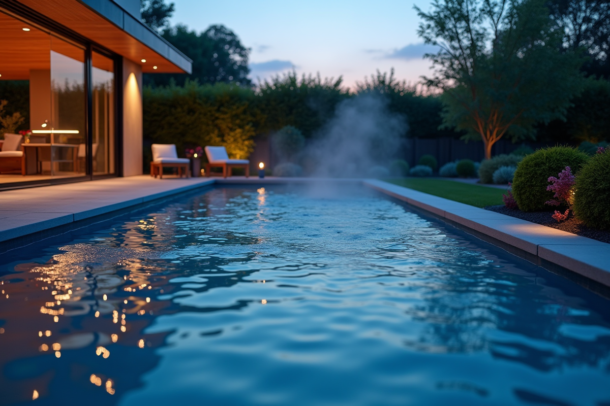 Piscine moderne avec couverture thermique au crépuscule