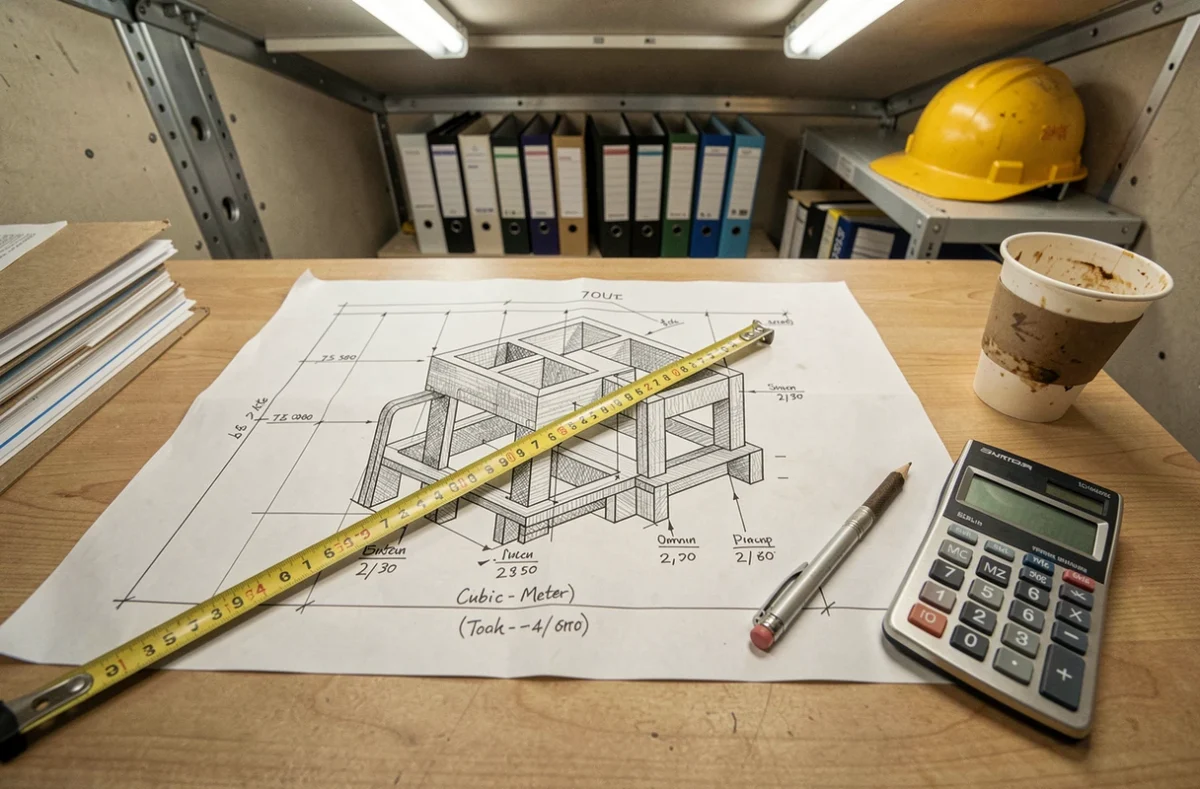 Vue de dessus d'un plan de coffrage complexe avec calculs de volumes béton en m3 écrits à la main sur une table de bureau de chantier
