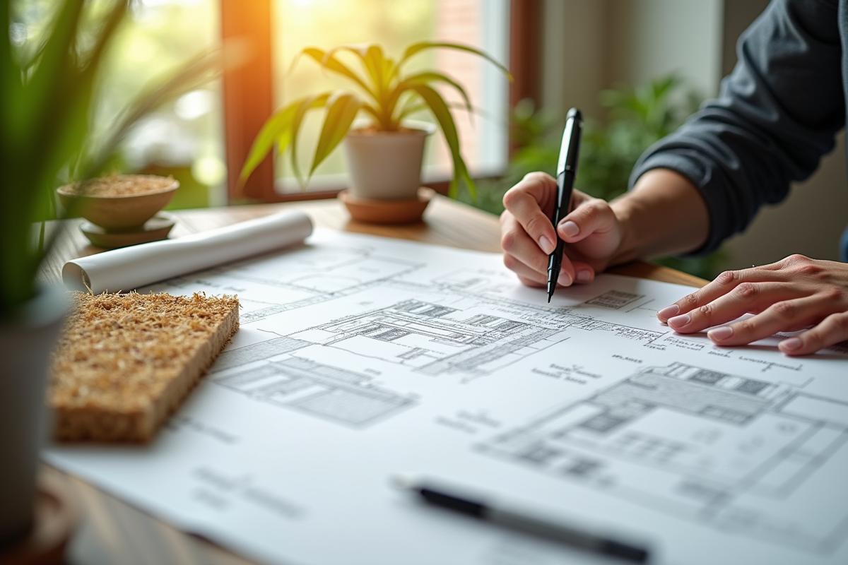 Architecte dessinant un plan de bâtiment durable